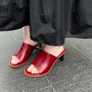 Handmade Genuine Leather Summer Slippers Block Heel in Red/Blue/White