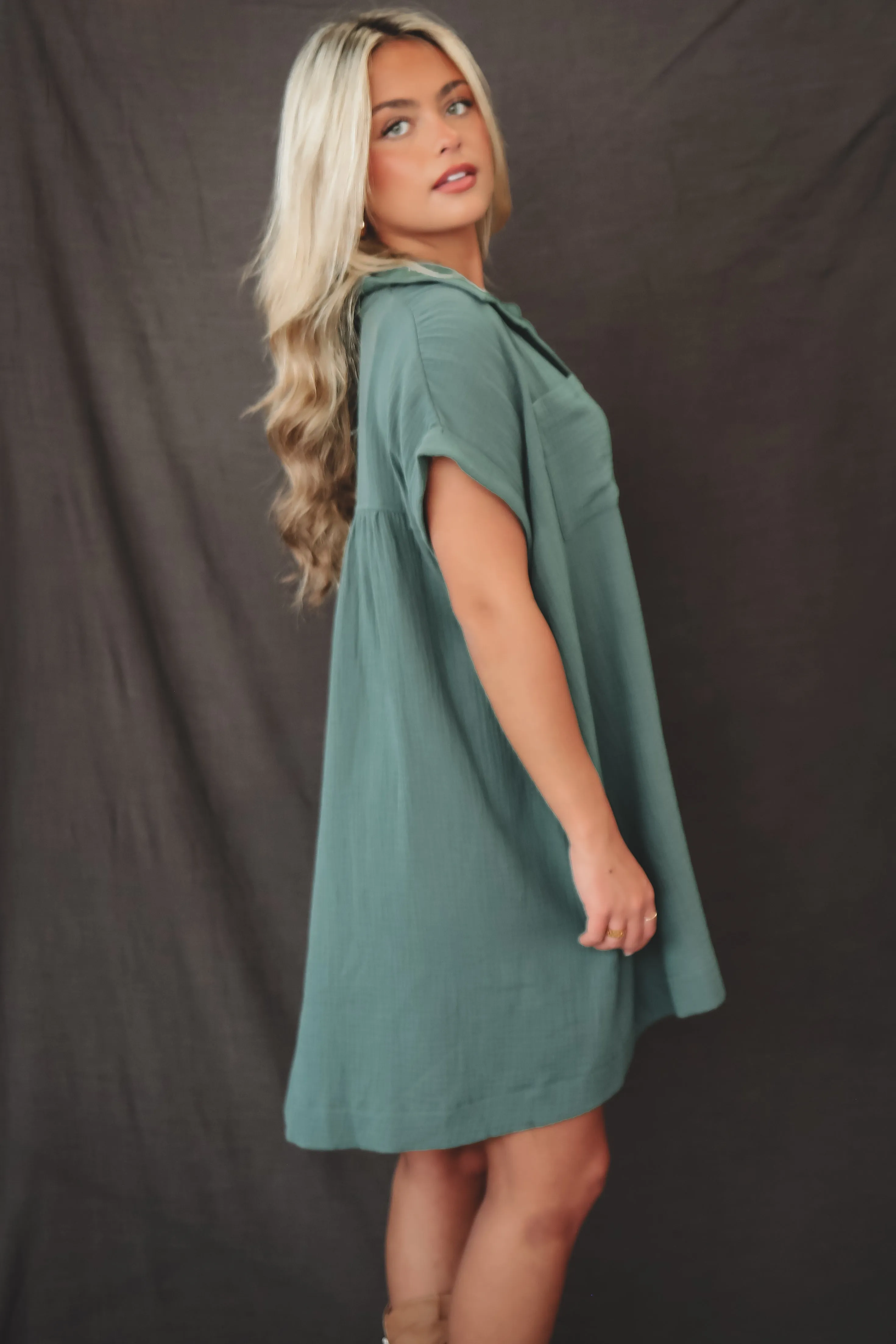 Hanging Out Tonight Green Linen Button Up Dress