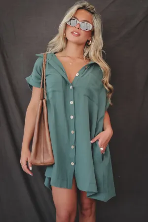 Hanging Out Tonight Green Linen Button Up Dress