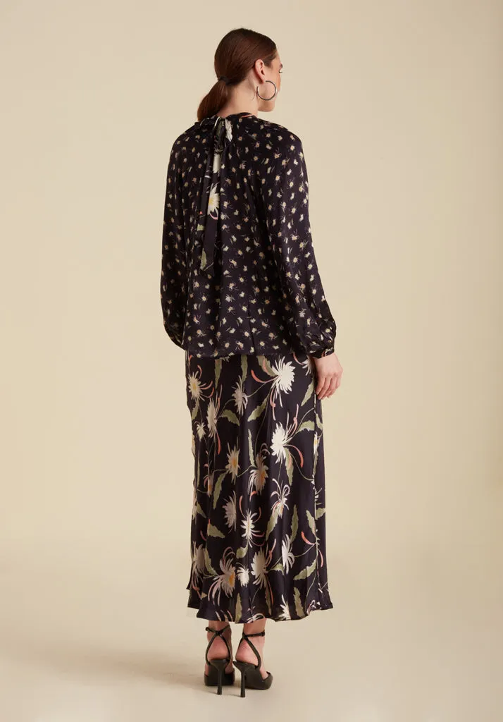 Helena Bow Detail Moonflower Print Blouse In Navy