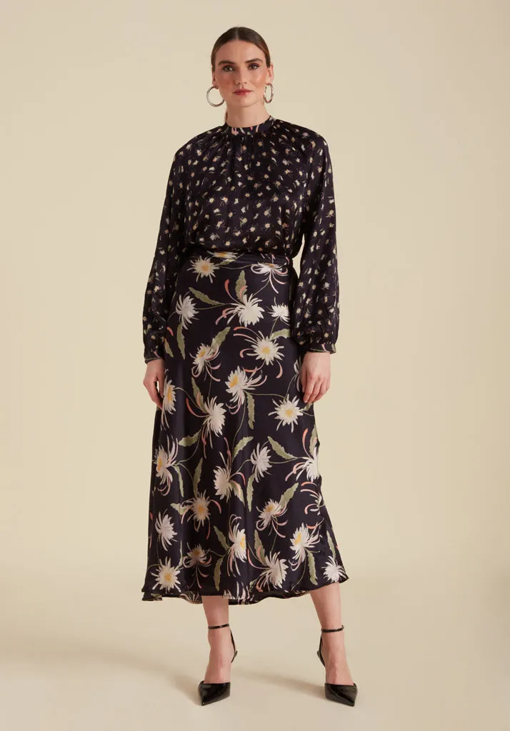 Helena Bow Detail Moonflower Print Blouse In Navy