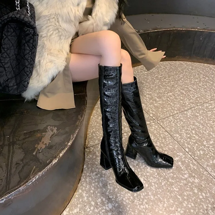 High Heels Riding Boots for Women in Black Enamel Leather - Knee High Boots