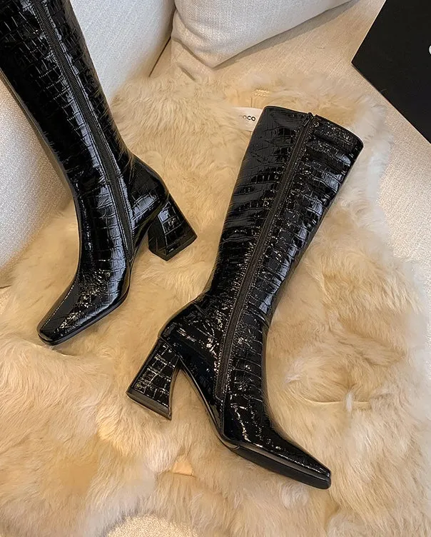 High Heels Riding Boots for Women in Black Enamel Leather - Knee High Boots