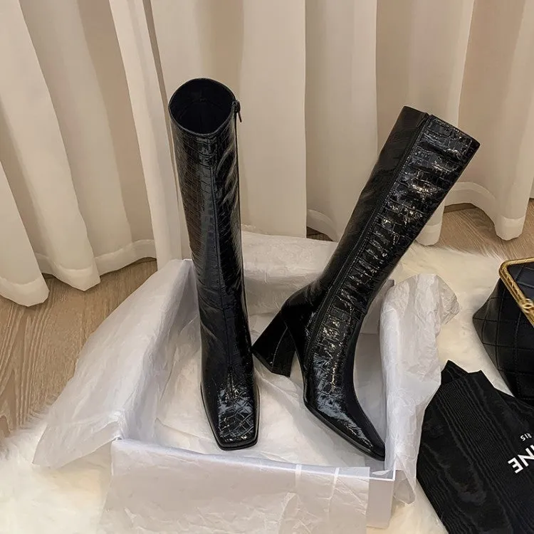 High Heels Riding Boots for Women in Black Enamel Leather - Knee High Boots