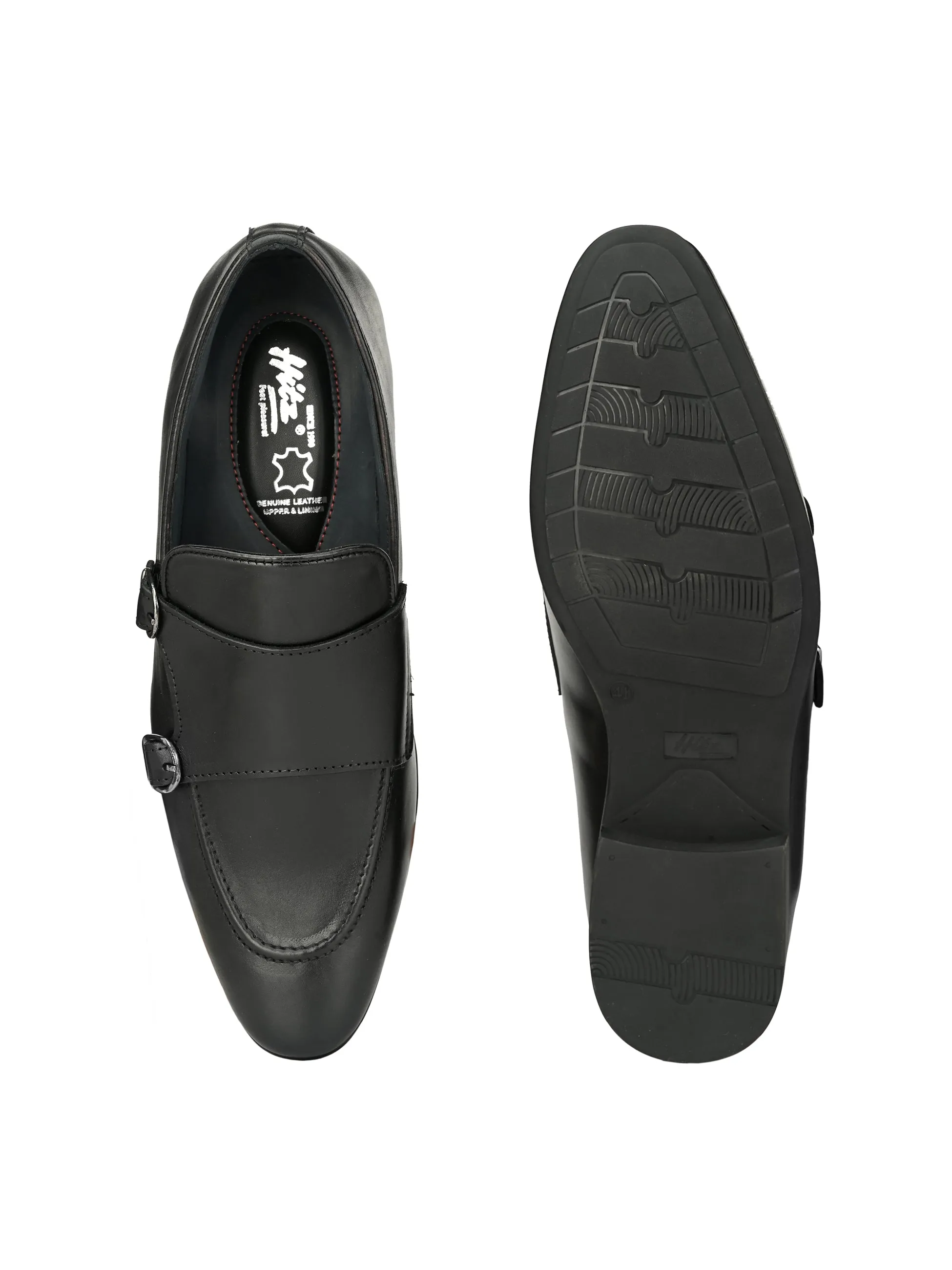 Hitz Men's Black Leather Doble Monk Semi-Formal Shoes