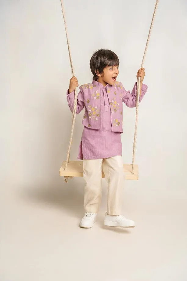 Humpty Dumpty- Lavender Chanderi Silk Hand Embroidered Kurta with Jacket & Pants Set for Boys