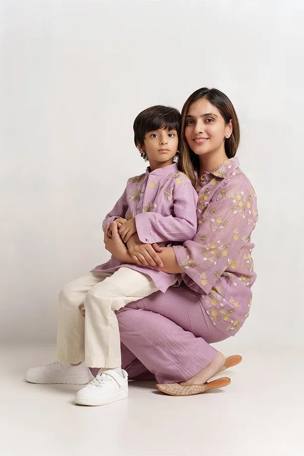 Humpty Dumpty- Lavender Chanderi Silk Hand Embroidered Kurta with Jacket & Pants Set for Boys