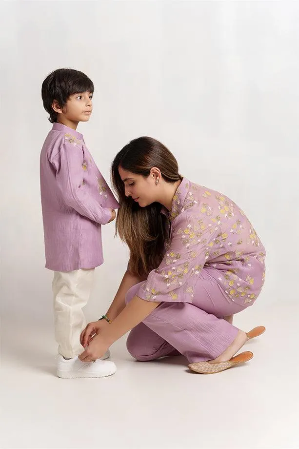 Humpty Dumpty- Lavender Chanderi Silk Hand Embroidered Kurta with Jacket & Pants Set for Boys