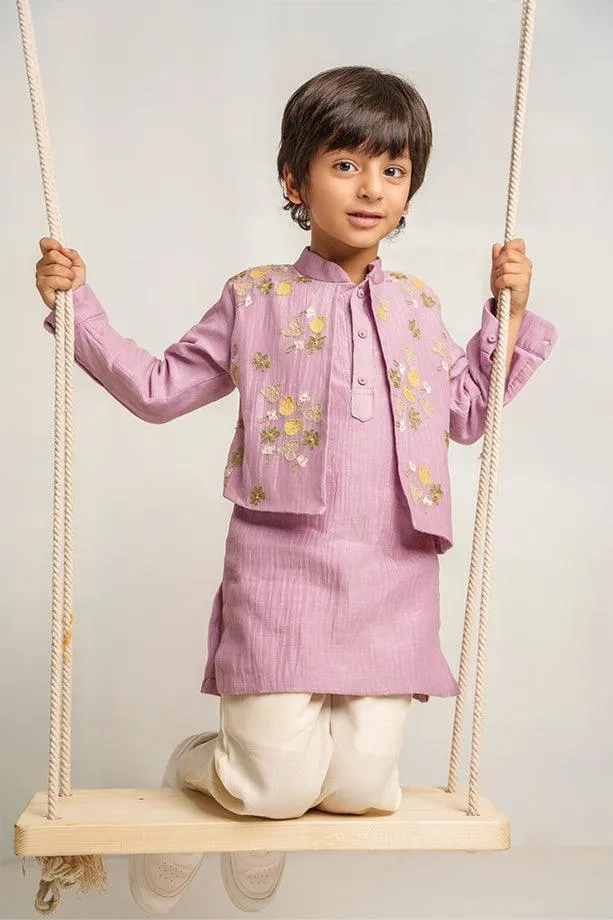 Humpty Dumpty- Lavender Chanderi Silk Hand Embroidered Kurta with Jacket & Pants Set for Boys