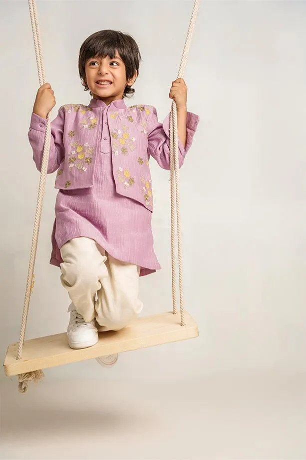 Humpty Dumpty- Lavender Chanderi Silk Hand Embroidered Kurta with Jacket & Pants Set for Boys