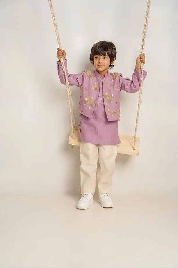 Humpty Dumpty- Lavender Chanderi Silk Hand Embroidered Kurta with Jacket & Pants Set for Boys