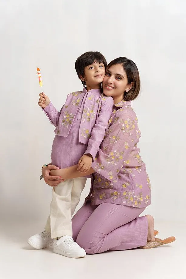 Humpty Dumpty- Lavender Chanderi Silk Hand Embroidered Kurta with Jacket & Pants Set for Boys