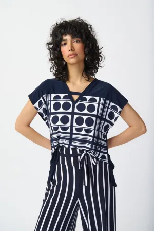 Joseph Ribkoff Geometric Print Silky Knit V-Neck Top 241117-2366 Vanilla/Midnight Blue