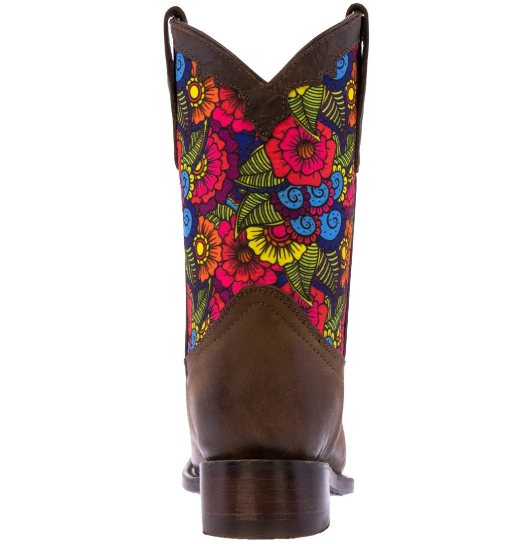 Kids Dark Brown Western Cowboy Boots Paisley Pattern Square Toe