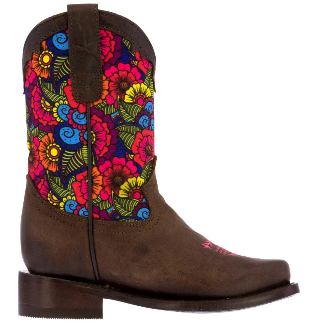 Kids Dark Brown Western Cowboy Boots Paisley Pattern Square Toe