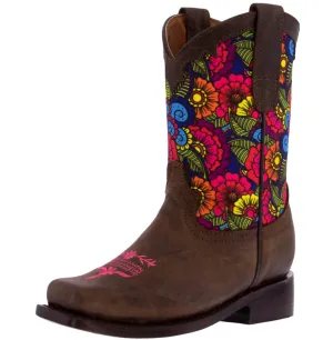 Kids Dark Brown Western Cowboy Boots Paisley Pattern Square Toe