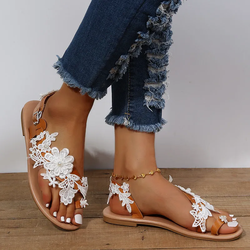 Lace Sandals Bohemia Flowers Ankle Strap Flat Shoes