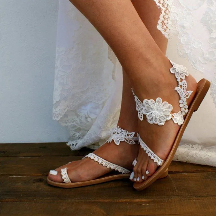 Lace Sandals Bohemia Flowers Ankle Strap Flat Shoes