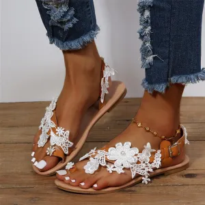 Lace Sandals Bohemia Flowers Ankle Strap Flat Shoes