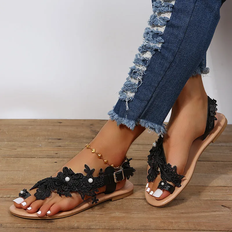 Lace Sandals Bohemia Flowers Ankle Strap Flat Shoes