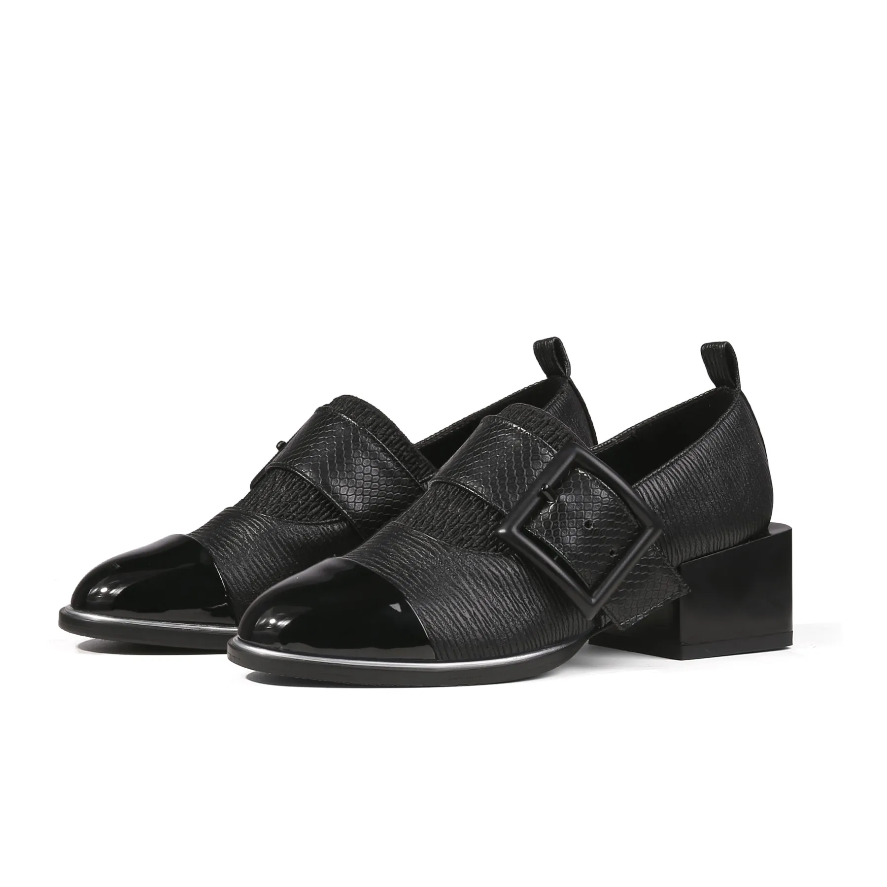 Leather Loafers with Mid-Length Block Heel Pumps