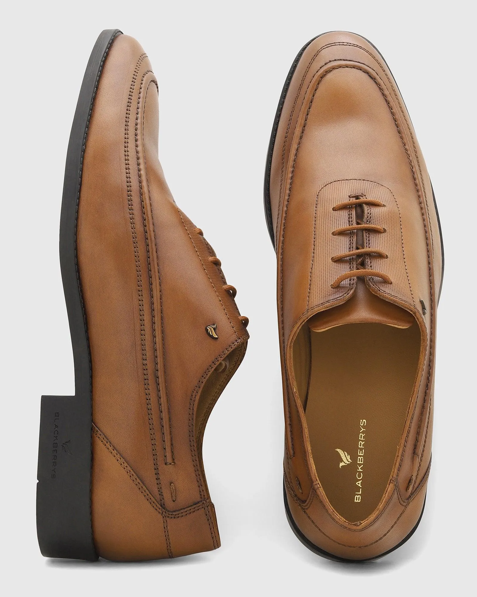 Leather Tan Solid Oxford Shoes - Ruby