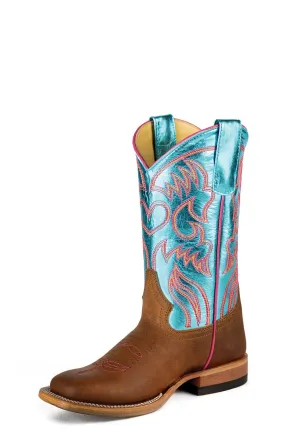 Macie Bean Kids Girls Metallic Roper Turquoise/Honey Leather Cowboy Boots