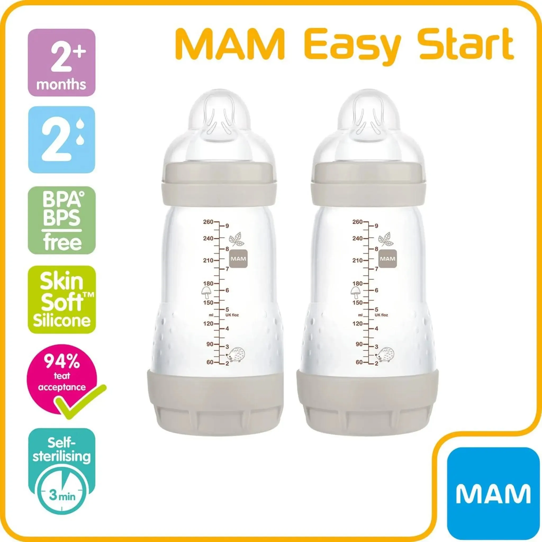 MAM Easy Start Self Sterilising Anti-Colic Baby Bottle Pack of 2,Medium Flow MAM Teats Size2,Grey