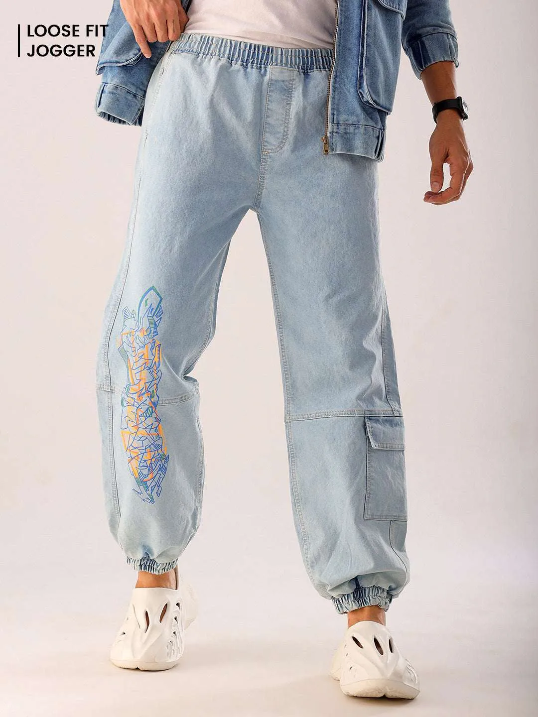 Men Blue Solid Loose Fit Denim Jogger