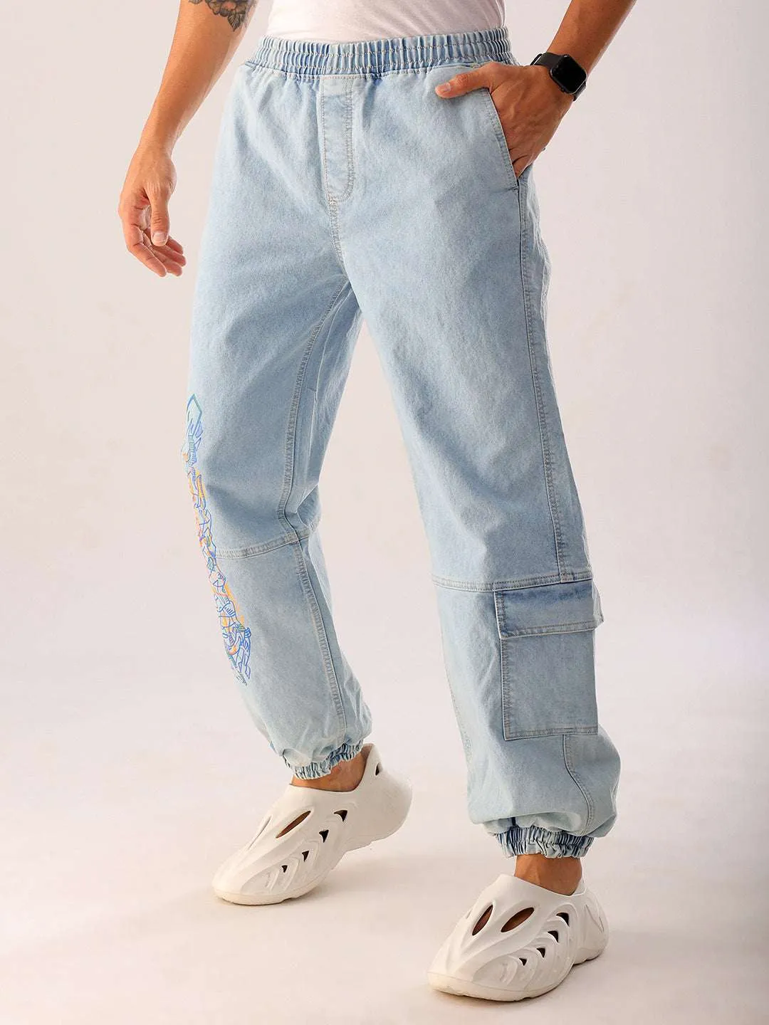 Men Blue Solid Loose Fit Denim Jogger