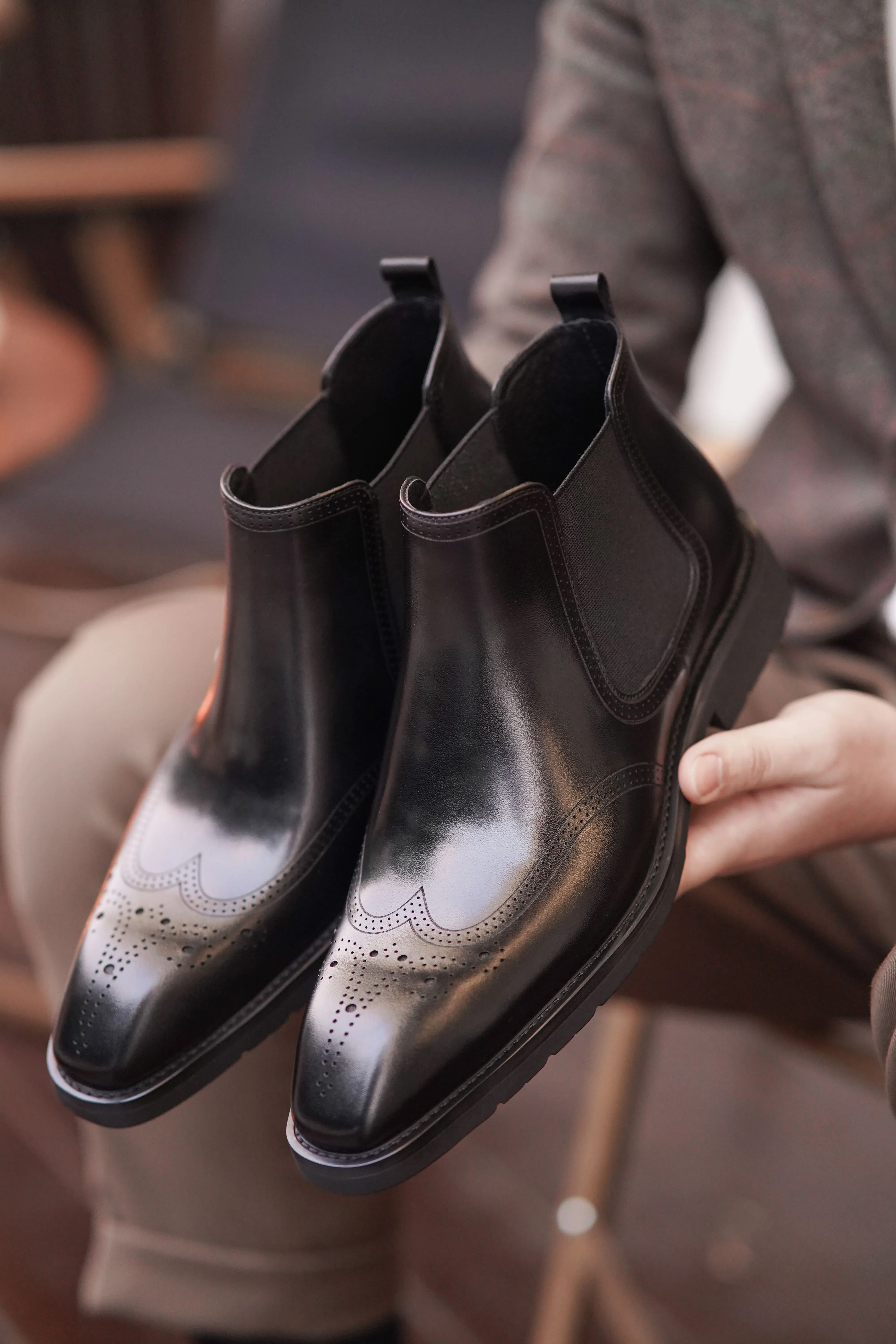 Men's Black Brogue Leather Boots