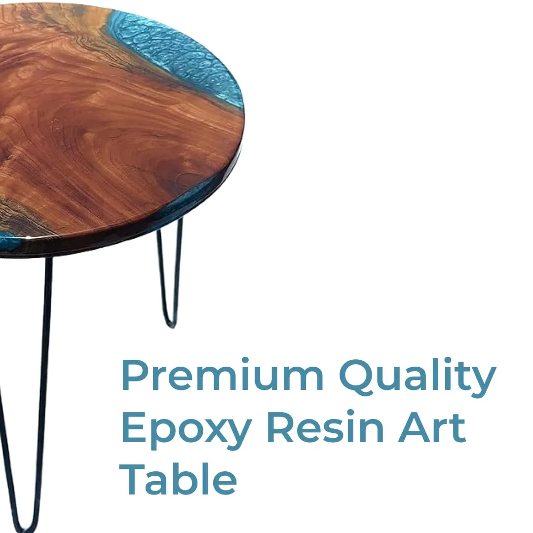 Nav Konst Epoxy Resin Blue Metallic Mold Designed Table | Solid Natural Wooden Rounded Table with Iron Stand | Water Proof & Weather Resistance Table with 9 Inches Radius