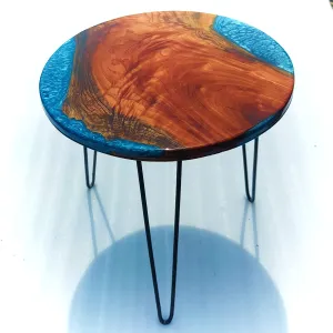 Nav Konst Epoxy Resin Blue Metallic Mold Designed Table | Solid Natural Wooden Rounded Table with Iron Stand | Water Proof & Weather Resistance Table with 9 Inches Radius