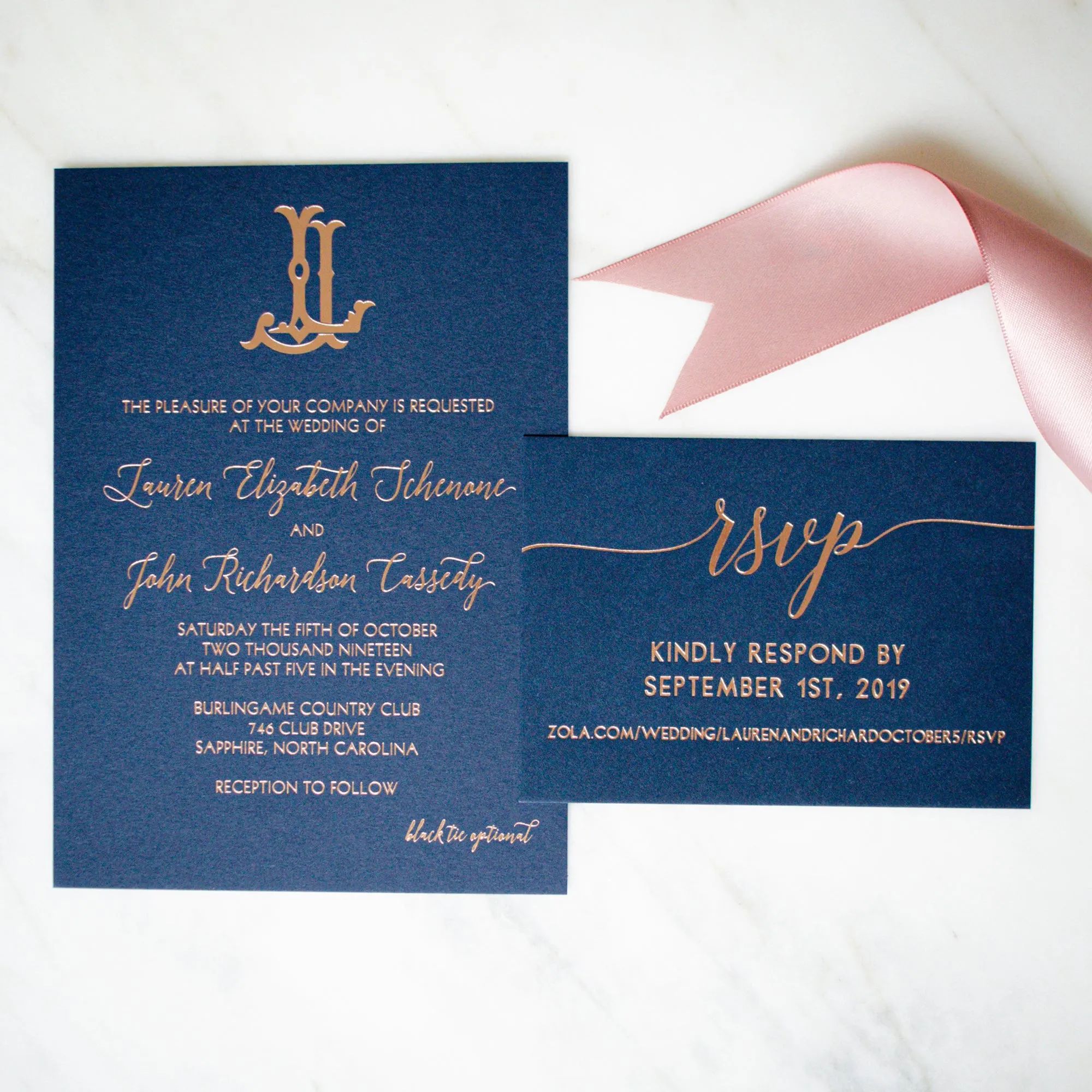 Navy & Rose Gold Foil Wedding Invitations