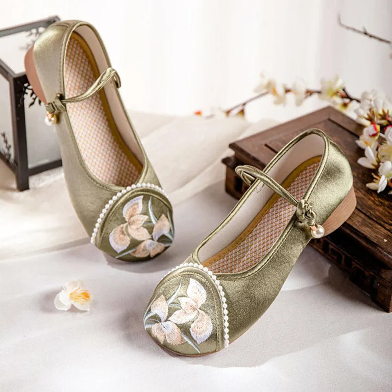 Orchid Flower Embroidery Ankle Strap Low Heel Shoes