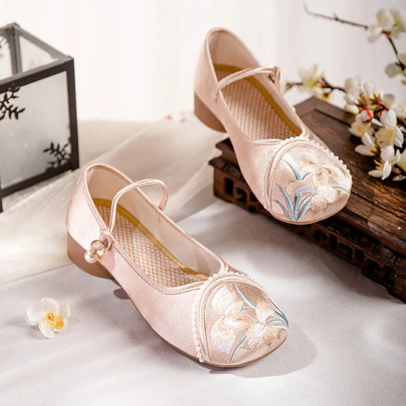 Orchid Flower Embroidery Ankle Strap Low Heel Shoes