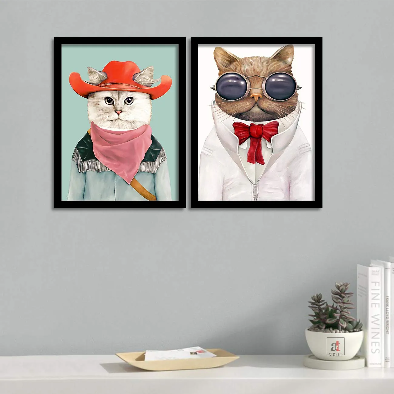 Painting Mantra- Animal Theme Cat and Dog Poster Set of 2 with Frame for Kids Room - 13.5x 17.5 inchs