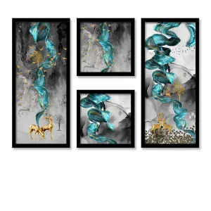 Painting Mantra Deer and Birds Artistic Framed Painting/Posters for Room Decoration, Set of 4 Black Frame Art Prints/Posters for Living Room (2 Unit 22x 47 cm 2 Unit 9x9 Inch)