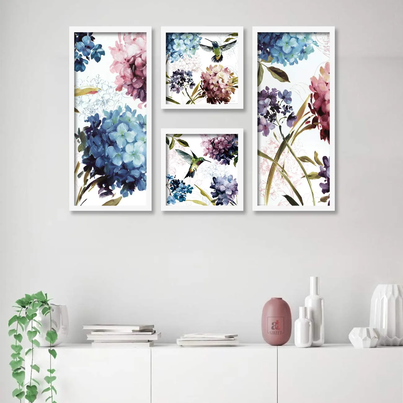 Painting Mantra Floral & Bird Framed Painting/Posters for Room Decoration, Set of 4 White Frame Art Prints/Posters for Living Room (2 Unit 22x 47 cm 2 Unit 9x9 Inch)