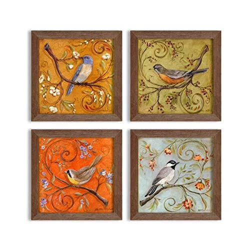 Painting Mantra 'Jardine Bird' UV Textured Art Printing Set (Synthetic, 60 cm x 50 cm x 2 cm, Brown, Set of 4)