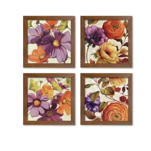 Painting Mantra Multi Color Flowers Framed Painting/Posters for Room Decoration, Set of 4 Brown Frame Art Prints/Posters for Living Room (4 Unit, 9x9 Inch)