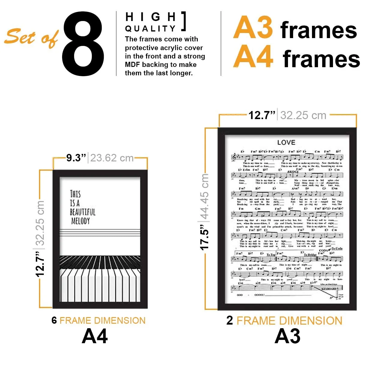 Painting Mantra Set of 8 Wish Upon A Star Music Notes Framed Painting for Room Decoration (Black Frame, 2 Units A3 and 6 Units A4)