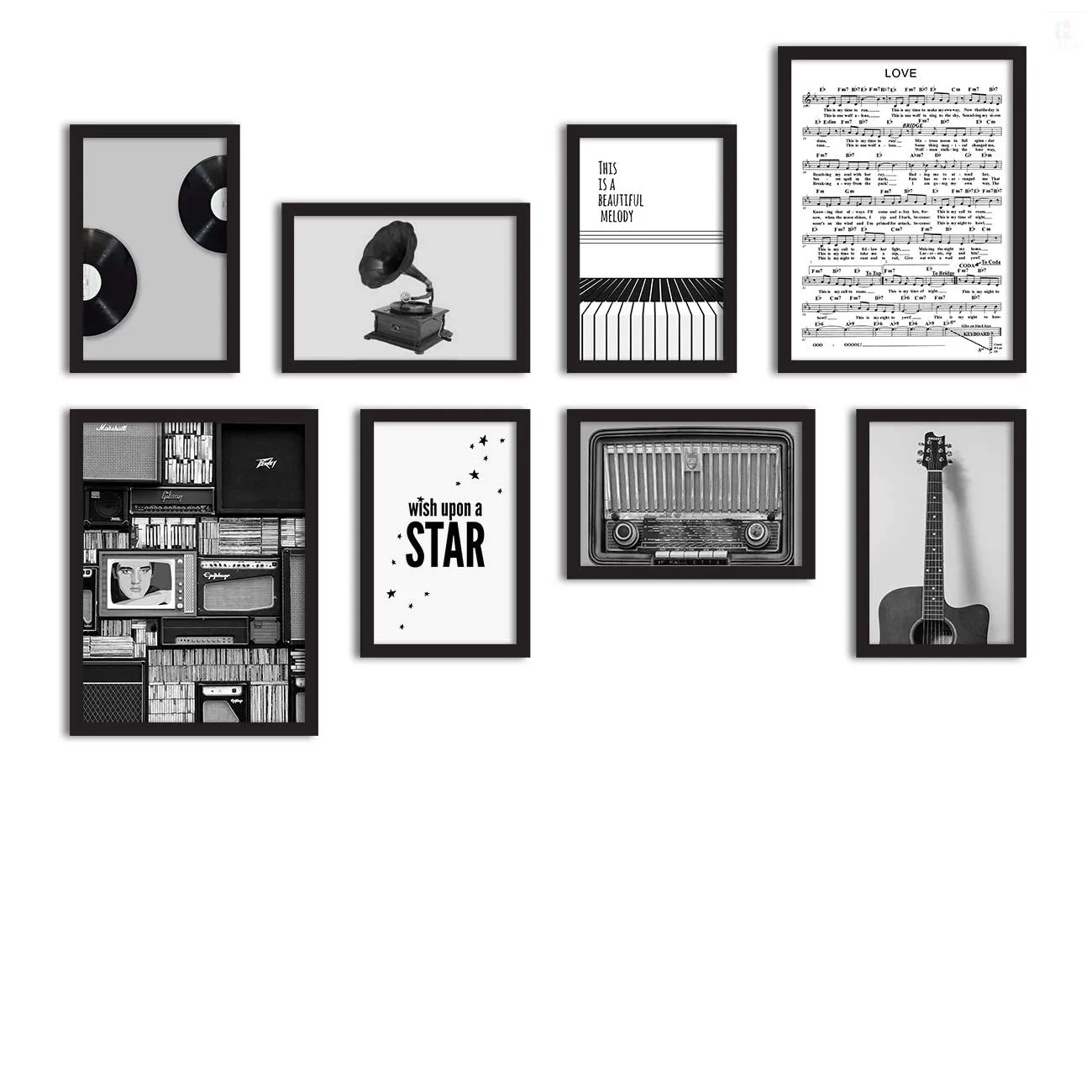 Painting Mantra Set of 8 Wish Upon A Star Music Notes Framed Painting for Room Decoration (Black Frame, 2 Units A3 and 6 Units A4)