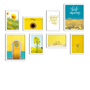 Painting Mantra Sunshine Senorita -Yellow Background Framed Painting/Posters for Room Decoration, Set of 8 White Frame Art Prints/Posters for Living Room (2 Units A3 & 6 Units A4)