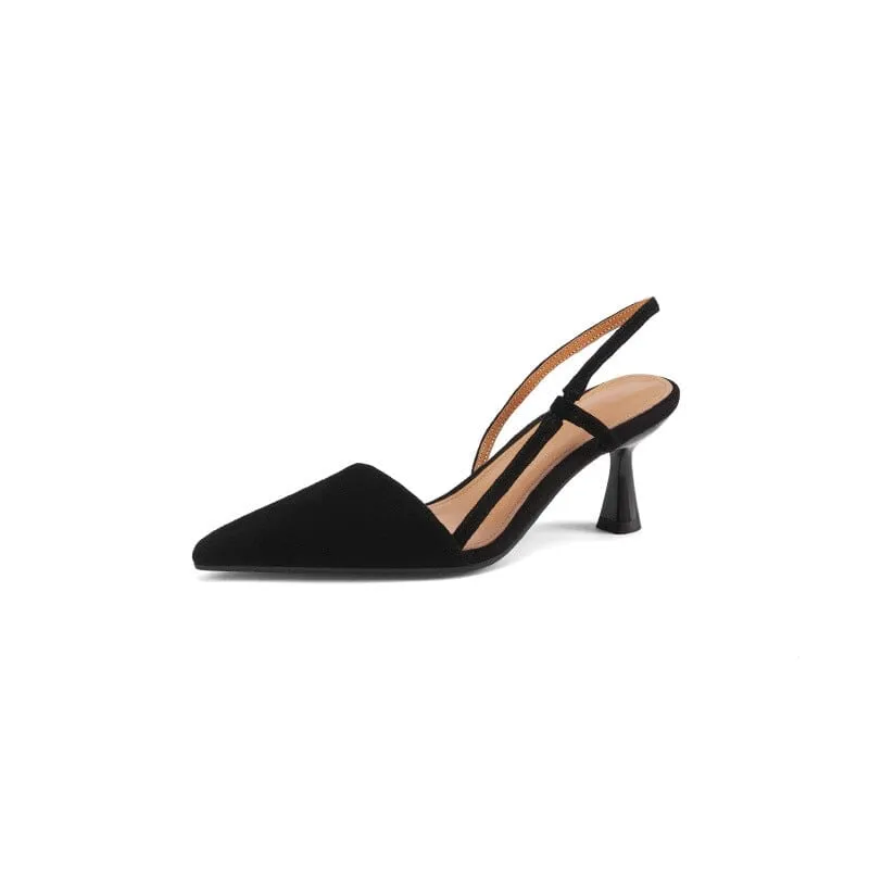 Point Toe Sheepskin Slingback Stiletto Heels in Black - Kitten Heels Sandals