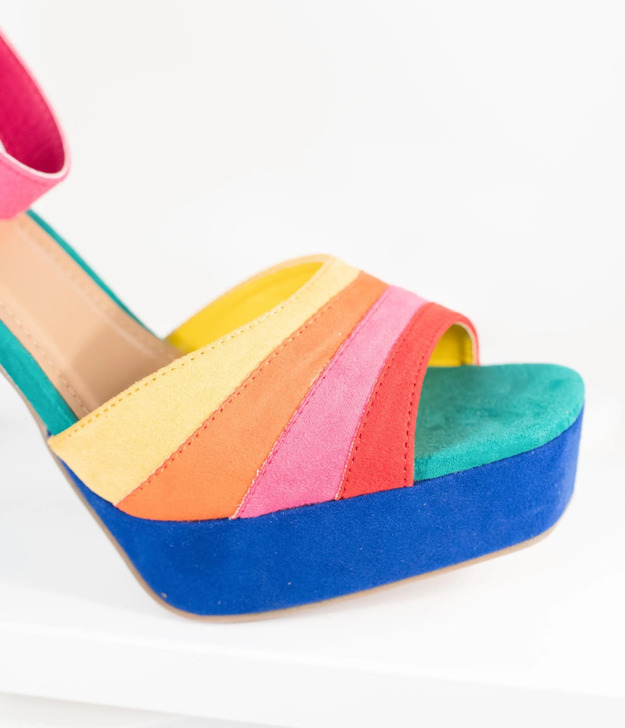 Rainbow Stripe Suede Peep Toe Pumps