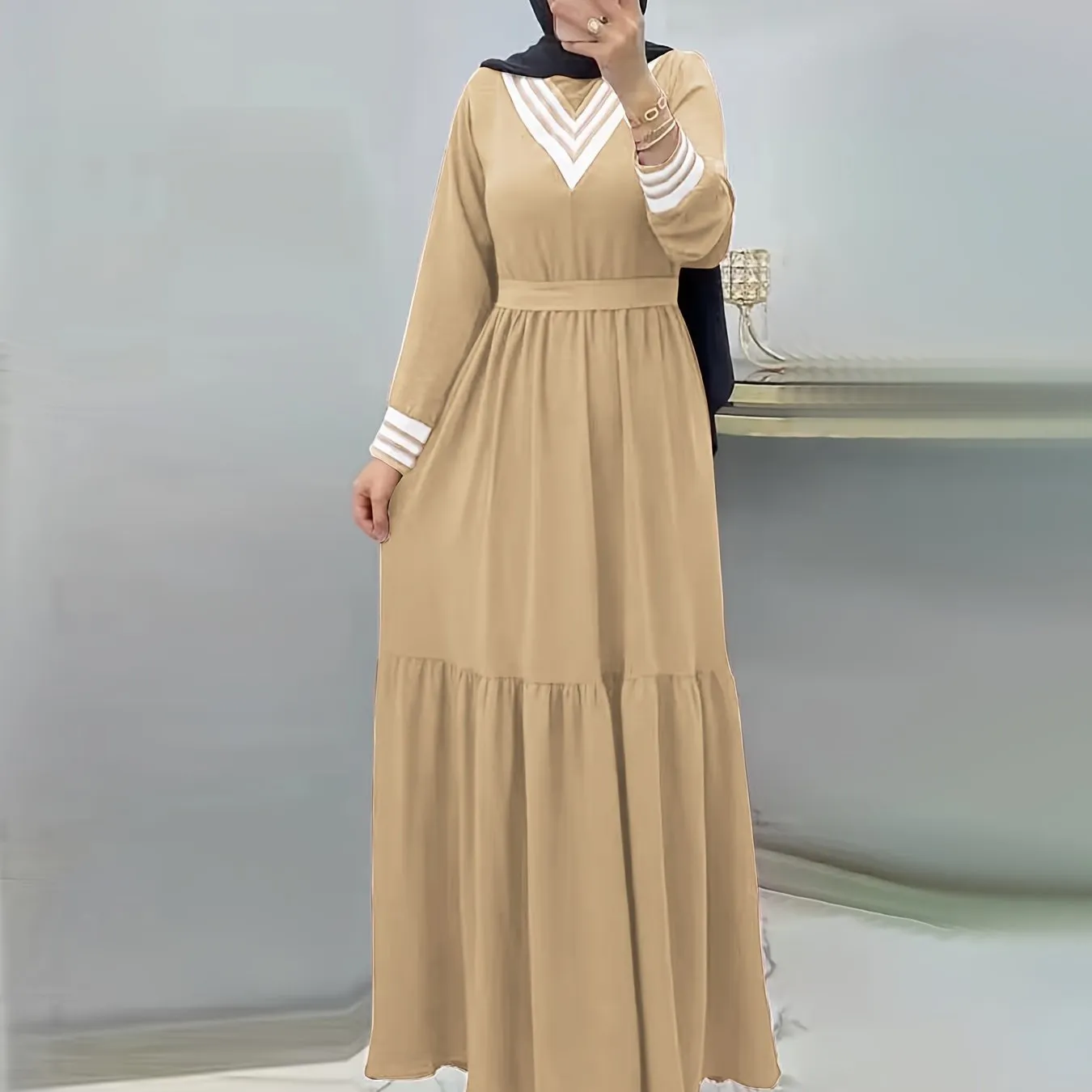 Ramadan Long Sleeve Tie Waist Modest Dress, Solid Maxi Modest Dress, Women's Clothing