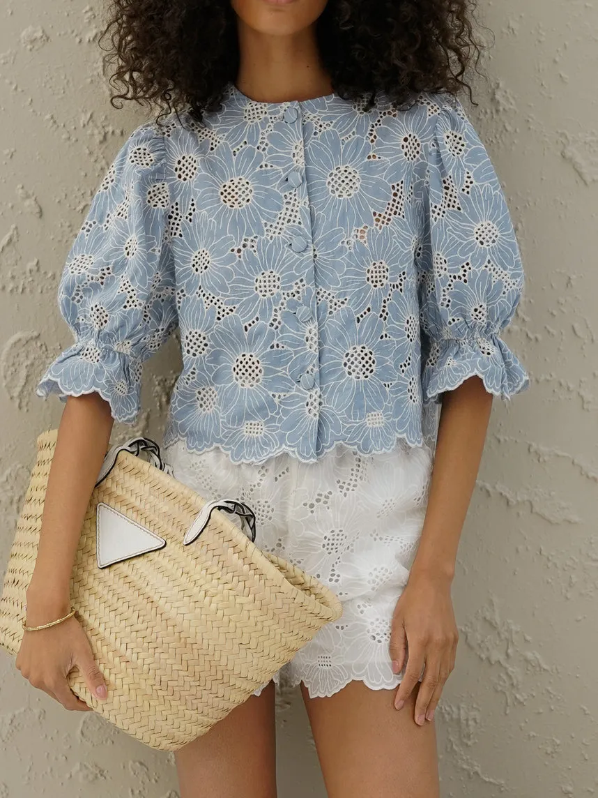 Reena Embroidered Cotton Blouse | Sky Blue