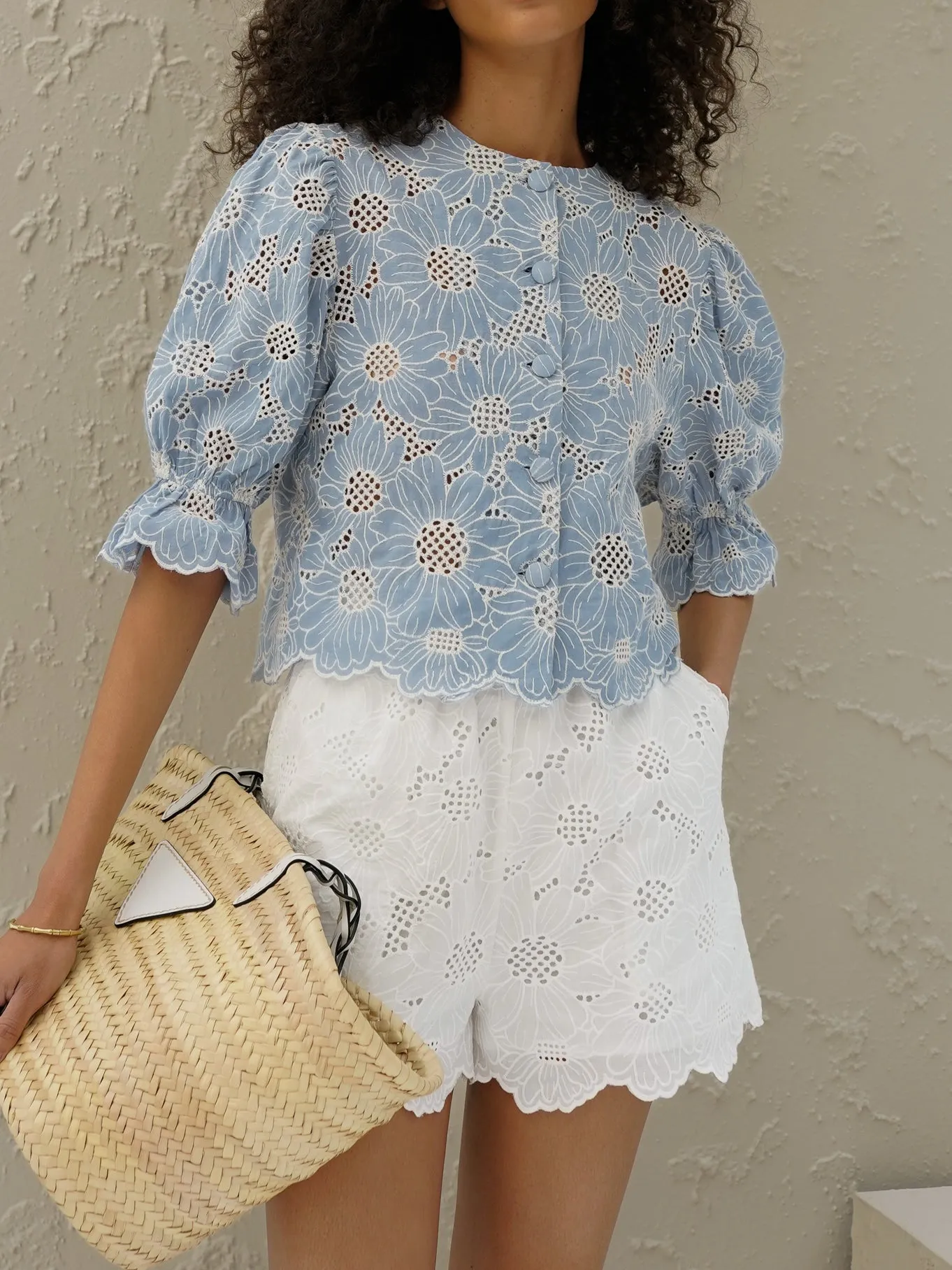 Reena Embroidered Cotton Blouse | Sky Blue