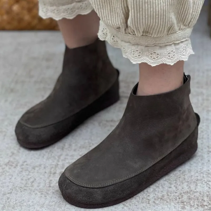 Retro Handmade Soft Leather Barefoot Ankle Boots For Women Round Toe In Coffee/Grey